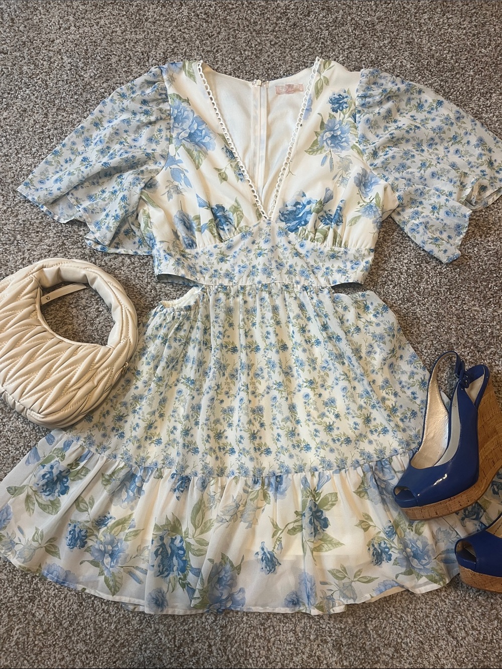 Cream Mini Dress with Blue Floral Print and V-Neck
